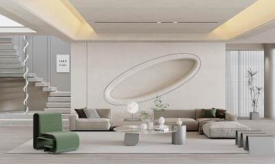 现代简约客厅 布艺沙发 艺术单椅 吊索楼梯 饰品摆设 茶几组合